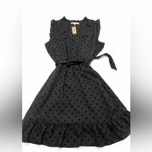 LOFT Black Flocked Polka Dot Ruffle Dress NWT | Sheer Overlay Tie Waist